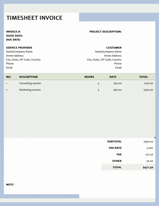 Simple olive green timesheet invoice preview