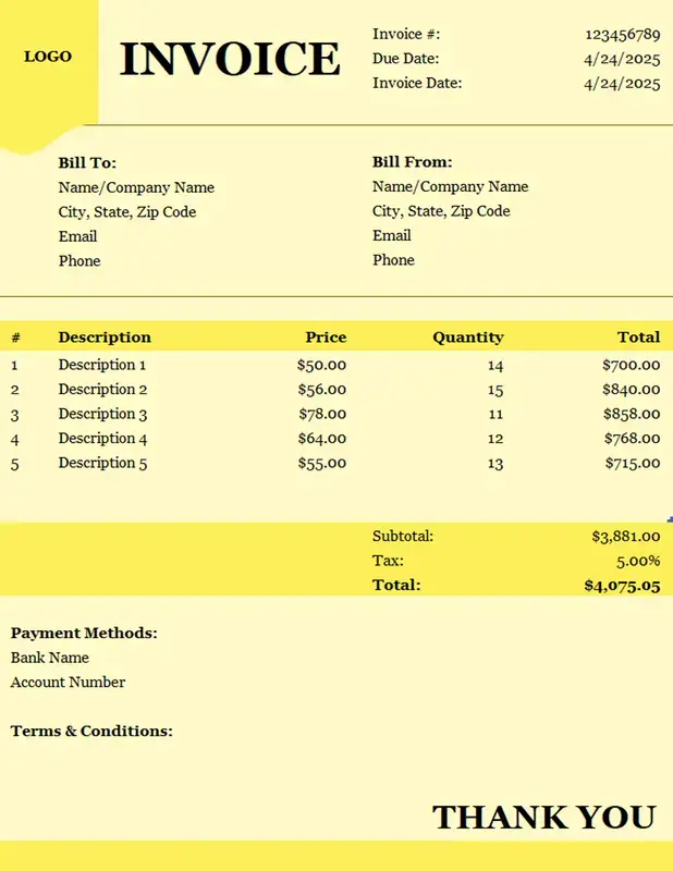 Simple corporate yellow standard invoice preview